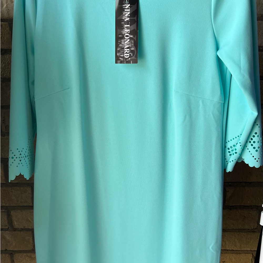 Nina Leonard Green Sheath Dress with Bell Sleeves